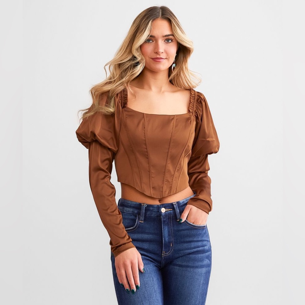 NWT Papermoon Satin Puff Sleeve Cropped Top Copper Brown Size Small - Picture 2 of 5
